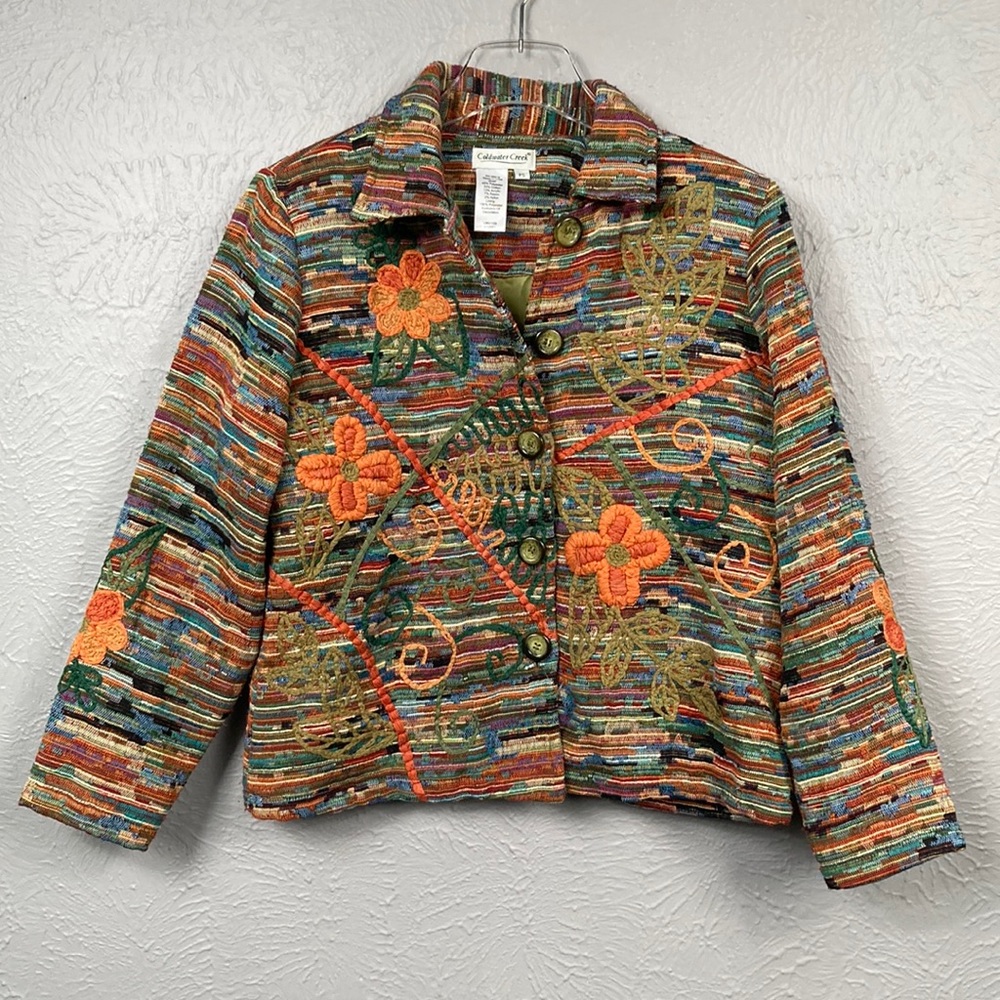 Coldwater Creek Multicolored Textured Embroidered Floral Long Sleeve Jac…